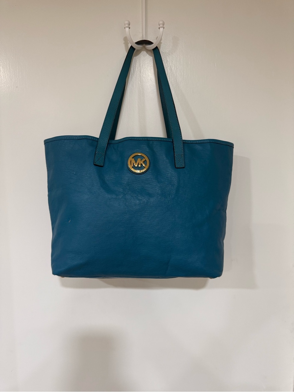Michael Kors Teal Blue Leather Tote with Gold MK Medallion